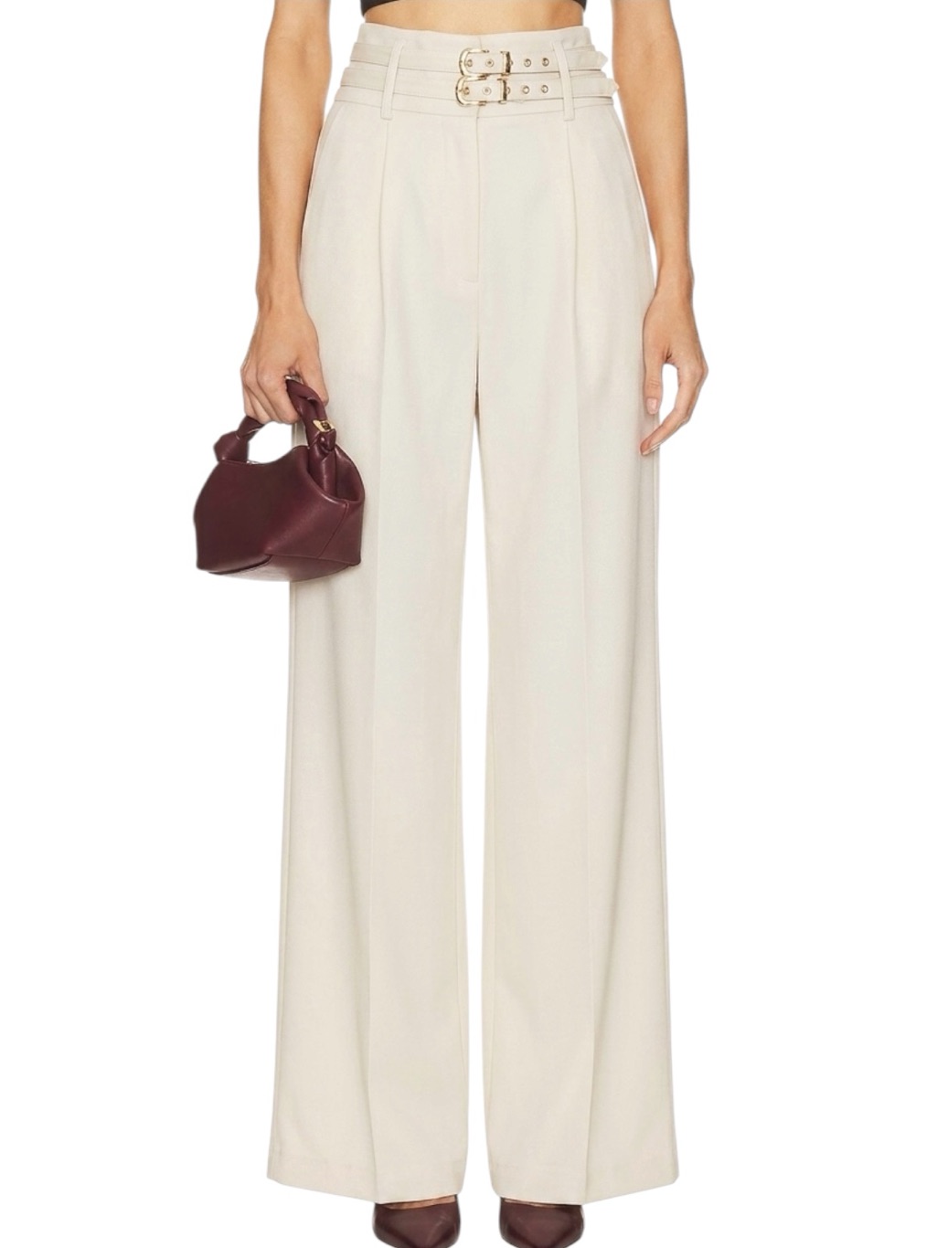 Amanda Uprichard Blythe High Waist Wide Leg Buckle Detail Pant Bone Nwt Size M